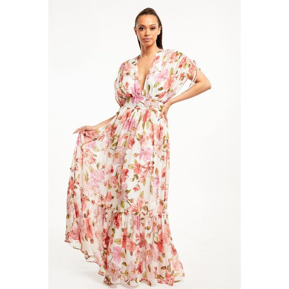MAXI DRESS FLORAL CHIFFON RUCHED SLEEVE